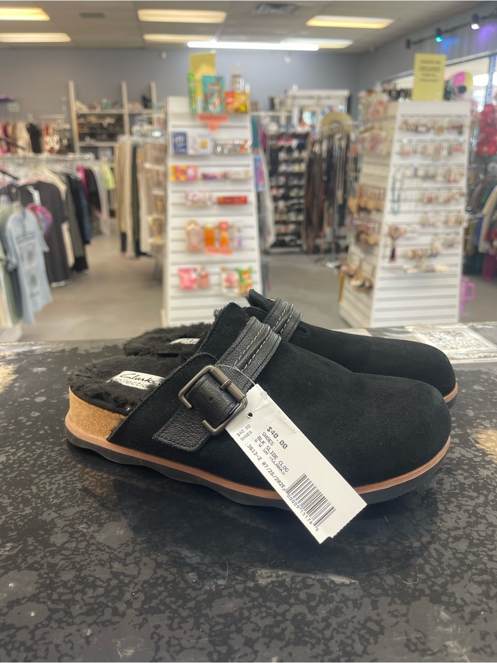 Clarks Black Suede Slip-On Clog with Buckle